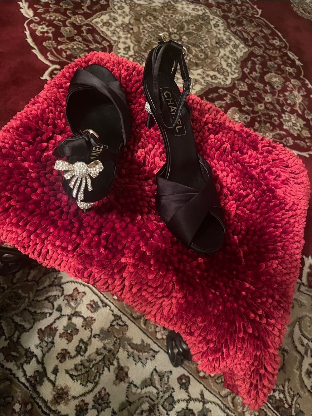CHANEL Black Satin Peep-Toe Slingback Heels with Rhinestone Accent